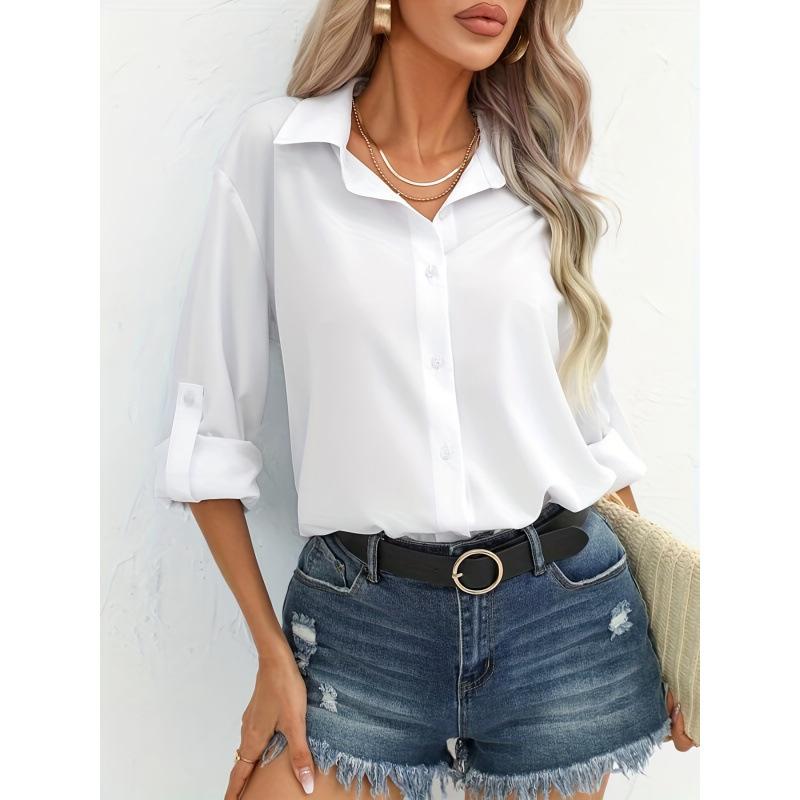 Damen Übergröße Formelles Hemd Einfarbig Langarm Umlegekragen Knopfleiste Arbeitskleidung Hemd