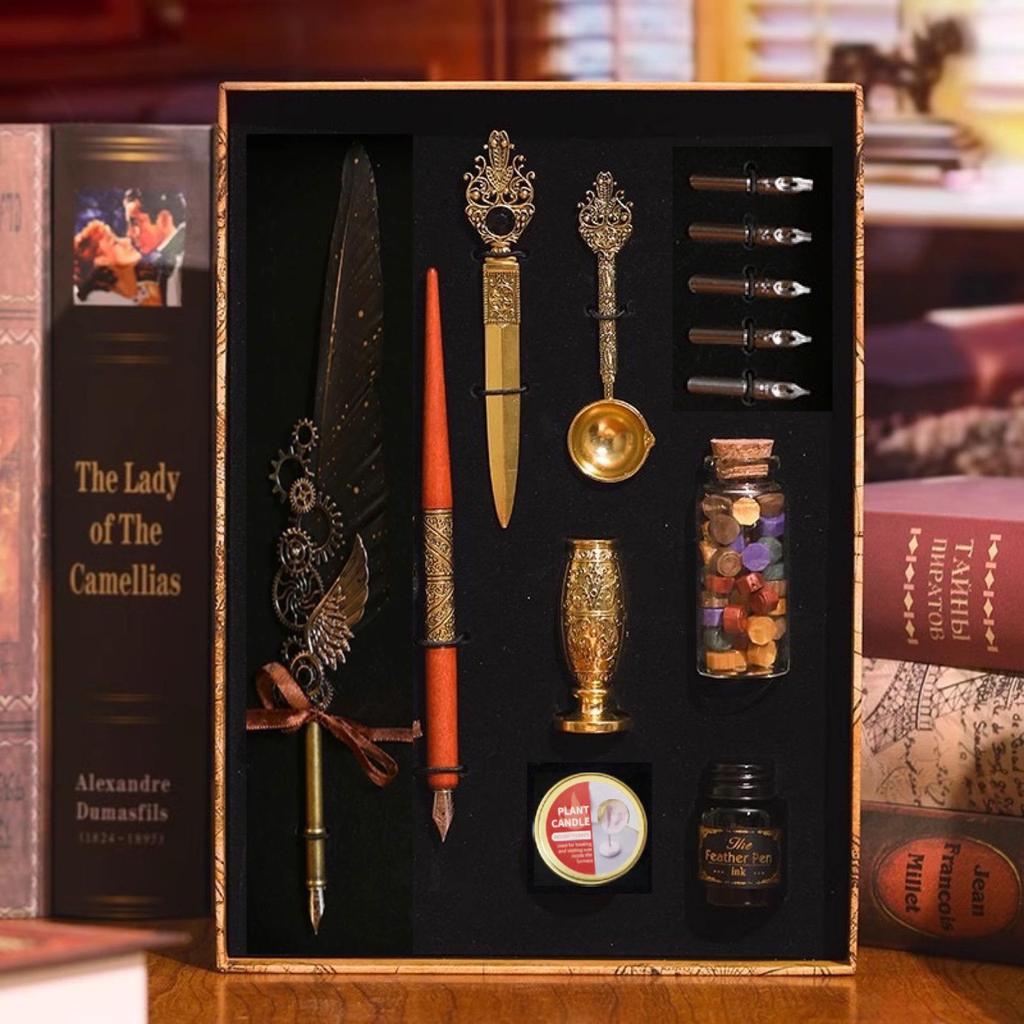 Harry Potter Gold-Sprinkled Fountain Pen Set - Retro Dip Quill Gift