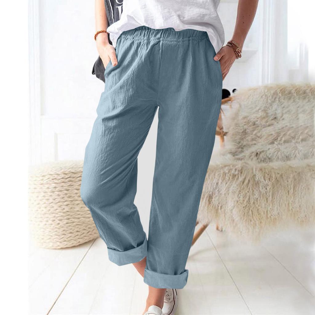 Damen Leinen Weite Hosen Elastischer Bund Lässige Lockere Hosen mit Taschen Leichte Alltags Hosen