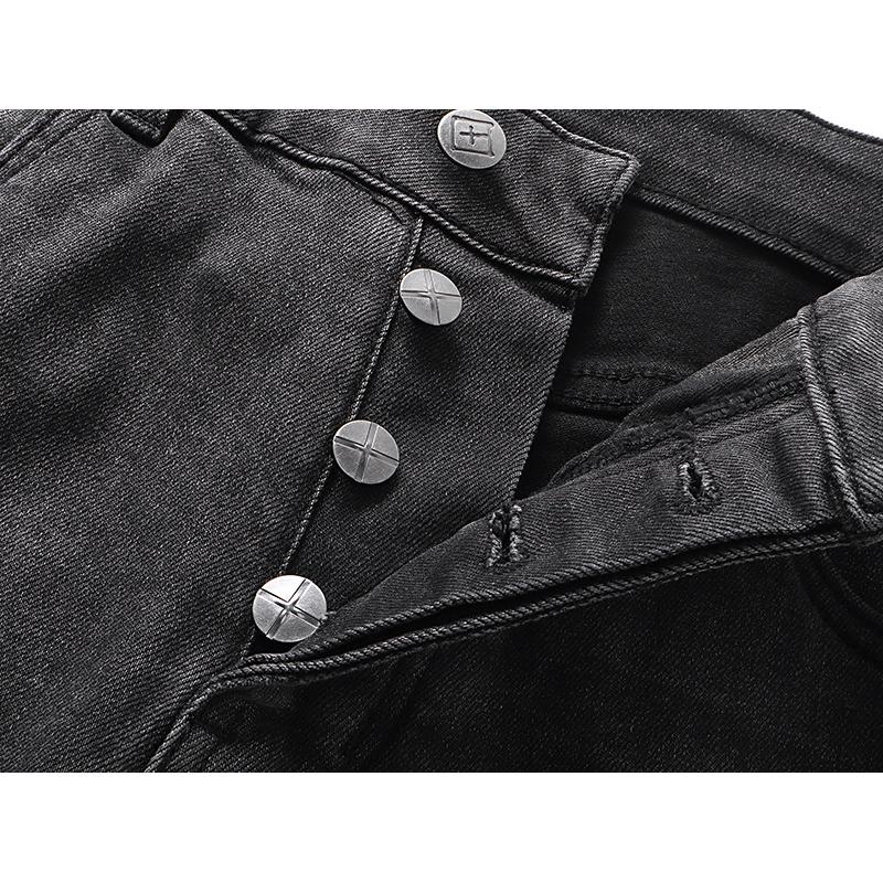 Men's Black Washed Distressed Straight Leg Jeans, Ripped Patchwork Denim Pants