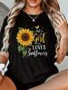 Women's Black Sunflower Butterfly Graphic T-Shirt - 100% Casual Short Sleeve Crewneck Top with Just a Who Loves Sunflowers Quote, Vibrant Yellow Flora