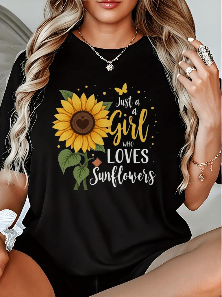 Women's Black Sunflower Butterfly Graphic T-Shirt - 100% Casual Short Sleeve Crewneck Top with Just a Who Loves Sunflowers Quote, Vibrant Yellow Flora
