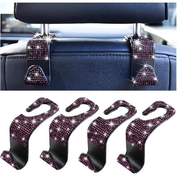 Mandark 4PCS Bling Car Seat Headrest Hooks, Crystal Rhinestone Vehicle Seat Back Hanger For Grocery Purses Handbags, Diamond Auto Seatback Storage