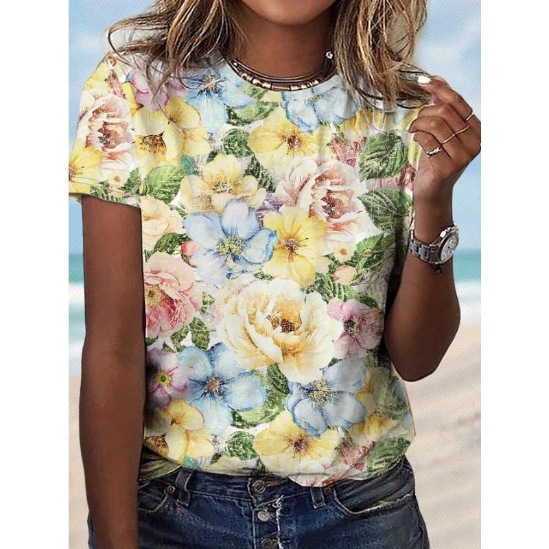 3D Colorful Floral Pattern Women's T-shirts Summer Casual Round Neck Top Short Sleeve Loose Casual Daily T-shirts