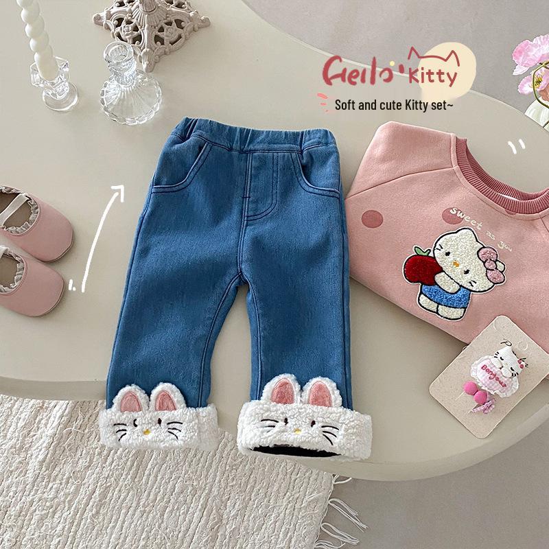 Korean Baby Girls' Fleece-Lined Jeans (0-5 Years) - Trendy Winter Pants AK518