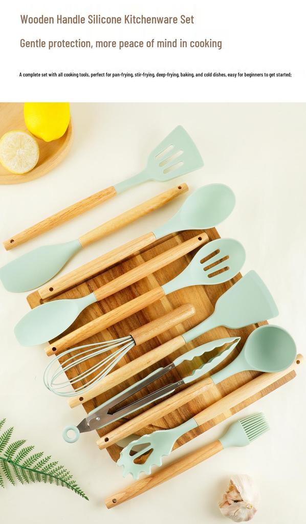 12-Piece Silicone Kitchenware Set with Wooden Handles - Non-stick and Heat Resistant Spatula & Soup Ladle