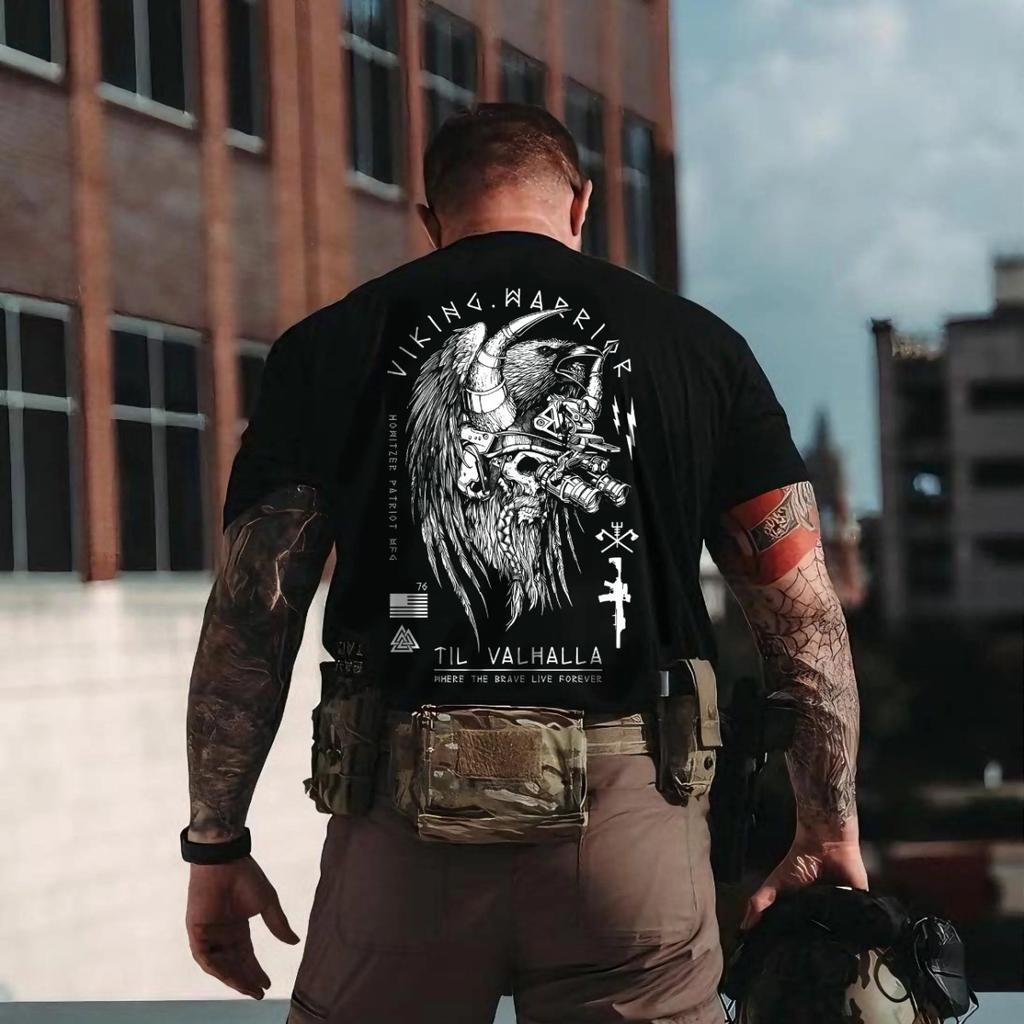 Nordic Mythology Printed Short Sleeve T-shirt Men Summer Tactical Army Fan Round Neck Half Slee