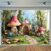 2D Verzauberter Wald Wandteppich, Magisches Pilzhaus Wandbehang für Ästhetische Raumdekoration