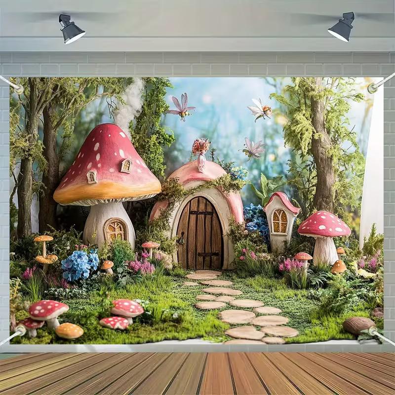 2D Verzauberter Wald Wandteppich, Magisches Pilzhaus Wandbehang für Ästhetische Raumdekoration