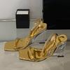 Sexy Gold Ankle Strap Sandals Women Summer Fashion Square Open Toe Transparent Wedges Heels Party Prom Shoes Zapatos Mujer