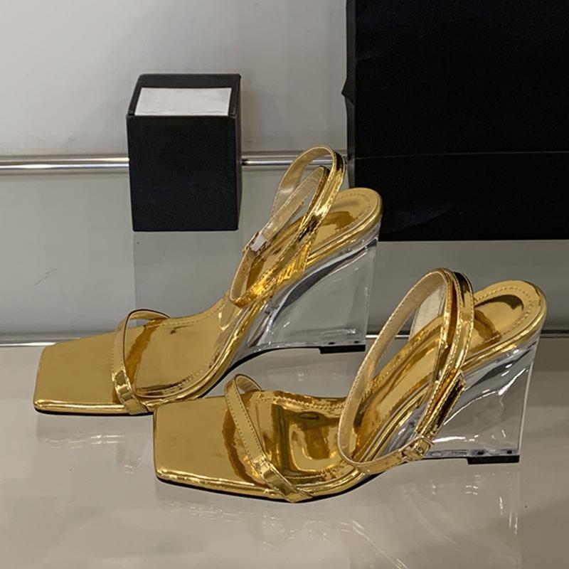 Sexy Gold Ankle Strap Sandals Women Summer Fashion Square Open Toe Transparent Wedges Heels Party Prom Shoes Zapatos Mujer