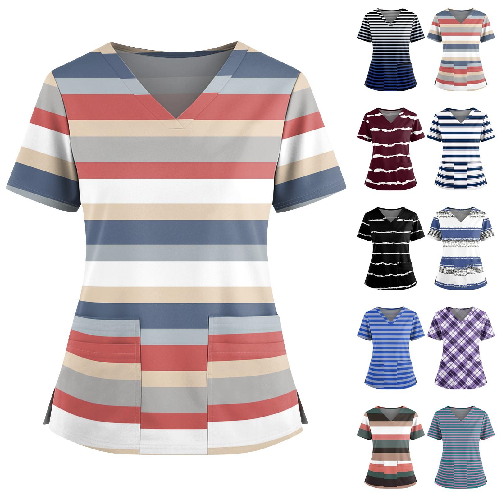 

Women s Fashionable Printed V Neck Double Pocket Short Sleeved Shirt With Slit Hem Uniform And Worker Top XXXXXL