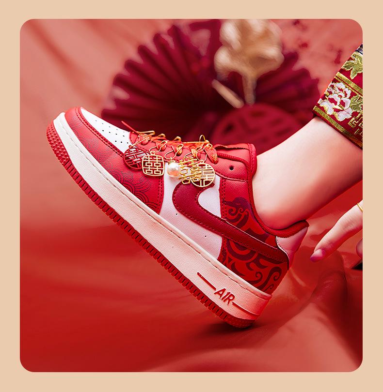 AJ1 Wedding Shoes: Bridal and Groom Flat-Soled Sneakers - Red, Dual-Function for Wedding Dress or Casual Wear.
