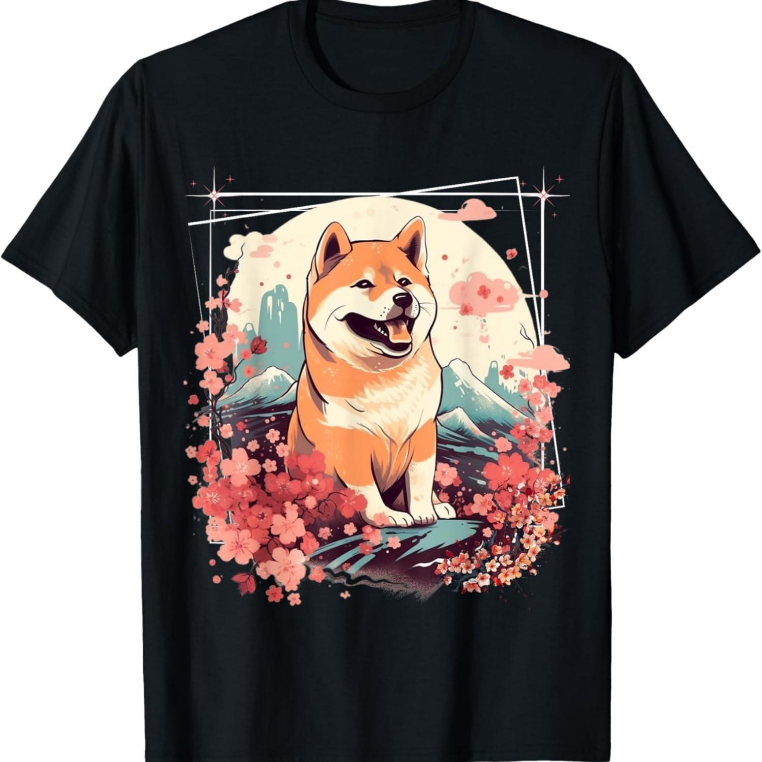 Shiba Inu Dog  Cherry Blossom Sakura Flower T-Shirt(2) S чёрный