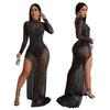 European & American Fashion Women's Solid Mesh Slit Long Dress with Hot Drill Accents