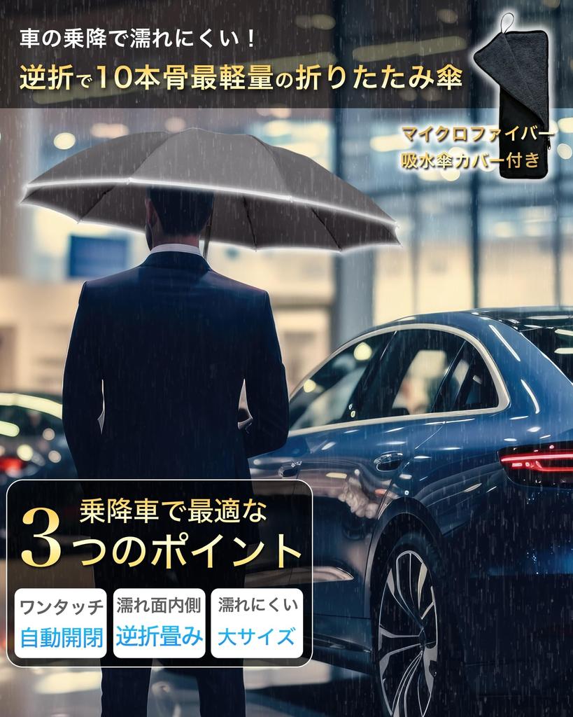 JIS Standard Reverse Folding Umbrella for Automatic Folding Lightest of Its Includes Umbrella Cover [For Cars/Men] Men, One-Touch Open/Close, Large,