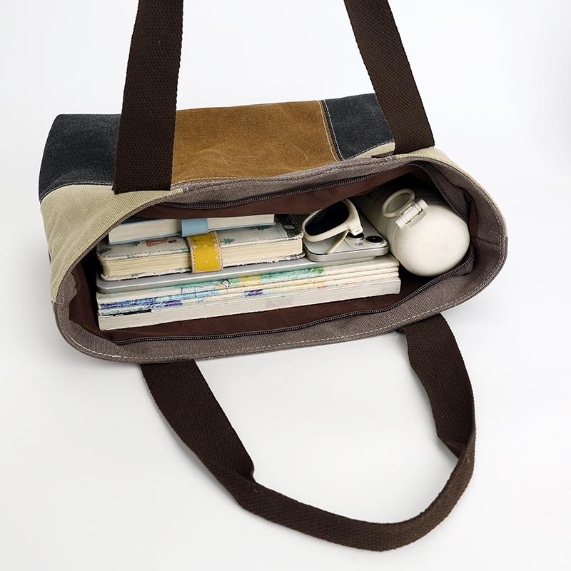 Damen Patchwork Handtasche - Vintage Gespleißte Canvas Tote mit Obergriff & Crossbody-Funktion