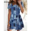Damenkleid Vintage Denim Blau Print Design Sinn Mode Neu Sommer Elegant Lässig Kurzarmkleid Locker Damen A-Linien-Kleid