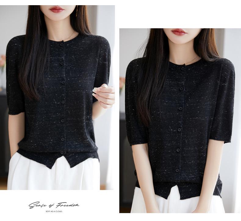 Women's Floral Wool Knit Cardigan - Round Neck, Short Sleeves, 2025 Spring/Summer Collection