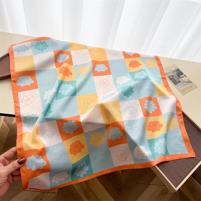 Literary Floral Simulation Silk Printing Silk Scarf Small Square Scarf High-end Shawl Sunscreen Neck Scarf Headscarf Scarf Women