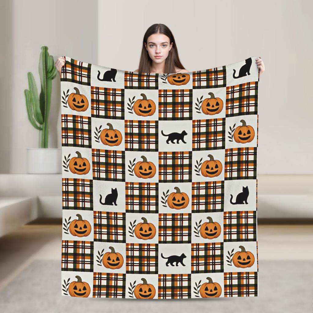 Halloween Plaid Black Cat Pumpkin Checkered Seamless Pattern Blanket Warm Comfy Throw Blanket Child Outdoor Travel Car Bedspread