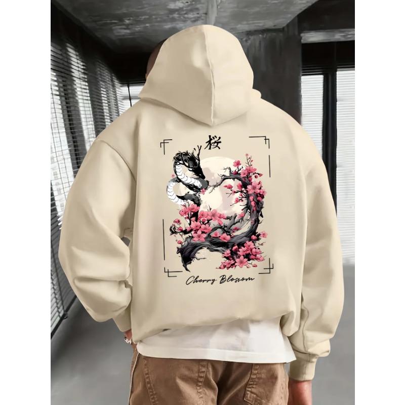 Men Vintage Hoodie Autumn Traditional Japanese Dragon Sakura Moon Frame Back Print Loose Asian Streetwear Pullover Sweatshirt