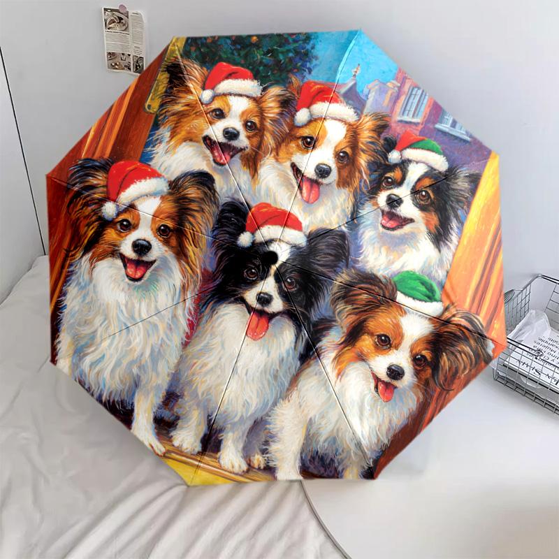 Papillon with Tongue Sticking Out  Pattern, Automatic Folding Umbrella, Portable and Foldable Design, 8 Ribs, a Christmas or Birthday Gift.
