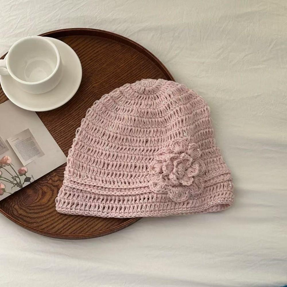 Hollow Flower Knitted Caps Hand-woven Beanies Cap Casual Sequin Crochet Hat Spring Summer