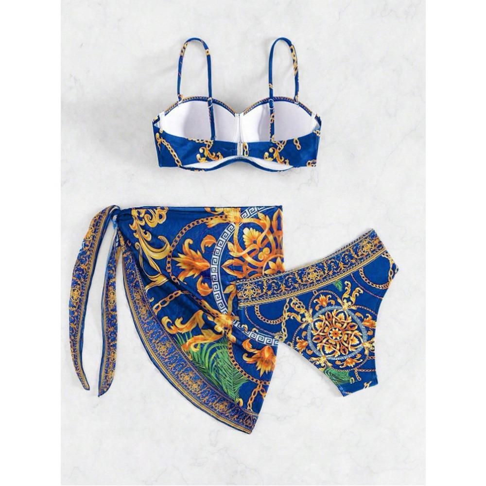 Europees en Amerikaans Nieuw Eendelig Badpak Sexy Rug Gedrukt Drie Delig Bikini Pak voor Vrouwen