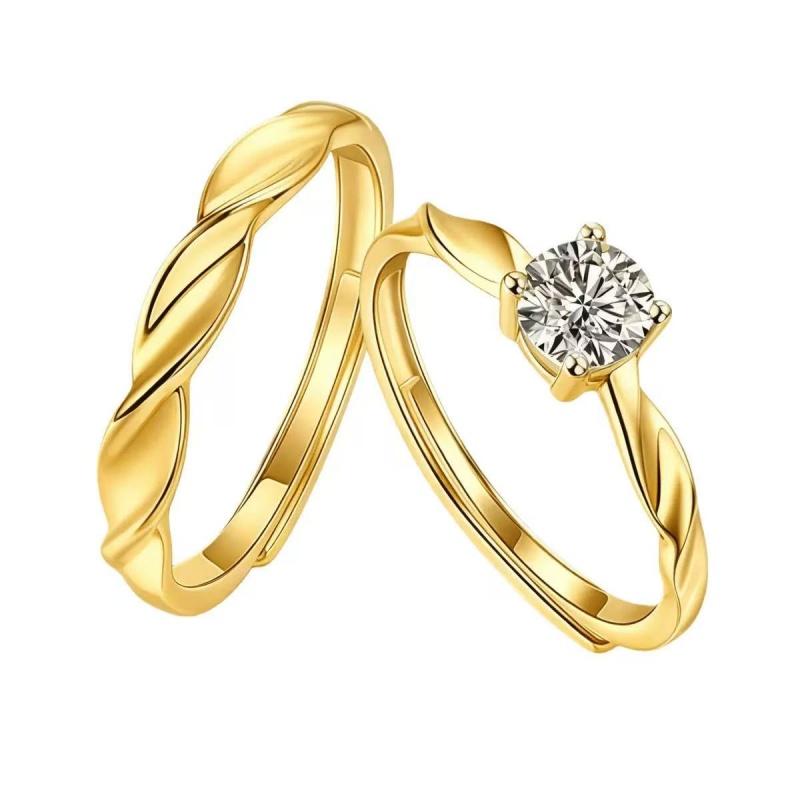 Adjustable Classic Couple Rings Set Rhodium/Gold Plated Brass Open Rings with Zircon Flower Design for Lovers