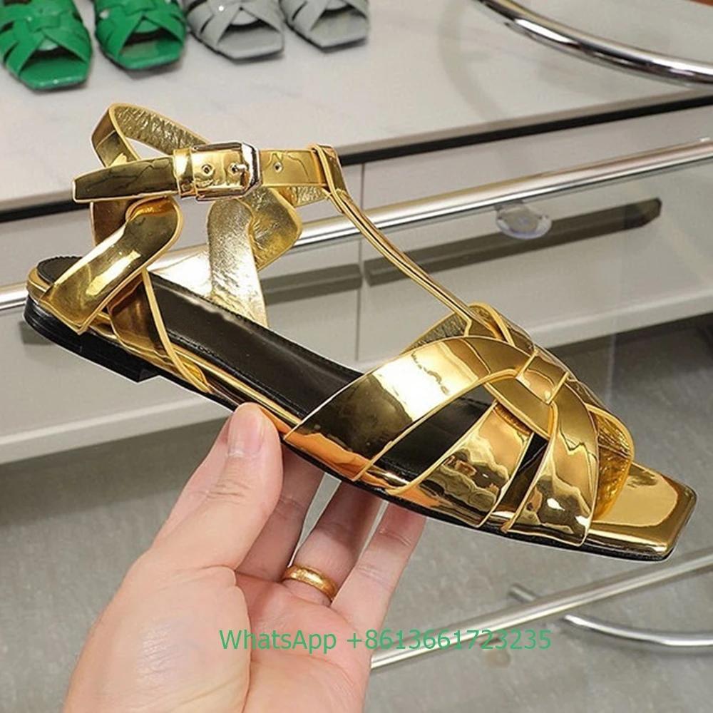 Fashion Women Cross Straps Square Toe Flat with Sandals Solid Color Open Toe Real Patent Leather Flat Sandales 2025 Newest Summer Sandal