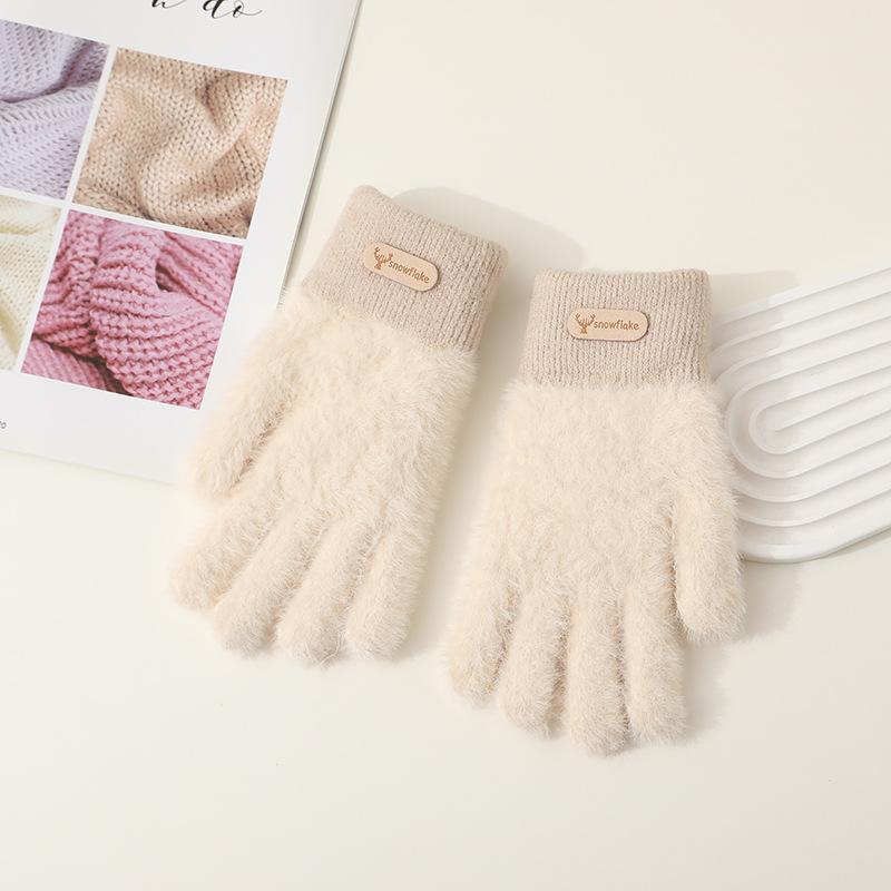 Hairy gloves female winter cute color matching plush knitted wool five fingers plush thickened cycling warm