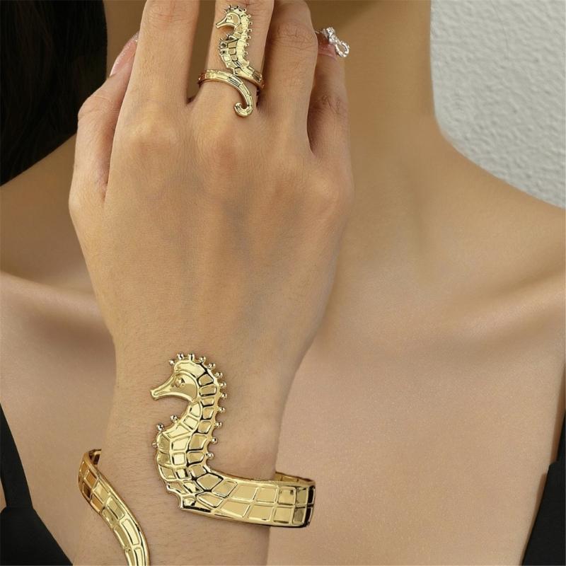 Verstellbares goldenes Seepferdchen-Armband und offener Fingerring, wasserdicht, stilvoller Damenschmuck, trendige Party-Accessoires