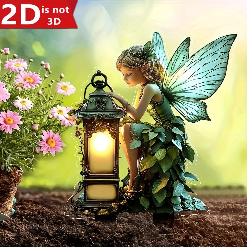 2D Flat, Angel Fairy Garden Plug - 2D Flat Decoration with Lanterns and Green Plants, 3mm Thick Decoration, Suitable for Flower Pots, Lawns, Gardens