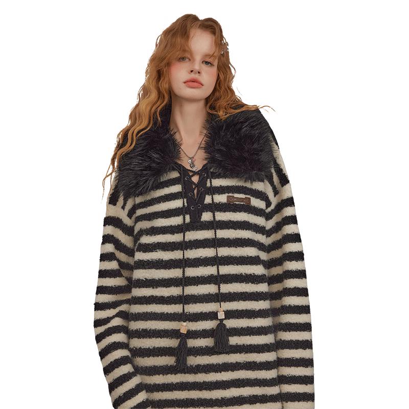 unifree Women's Striped Lapel Knit Sweater with Fur Collar & Tie-Up