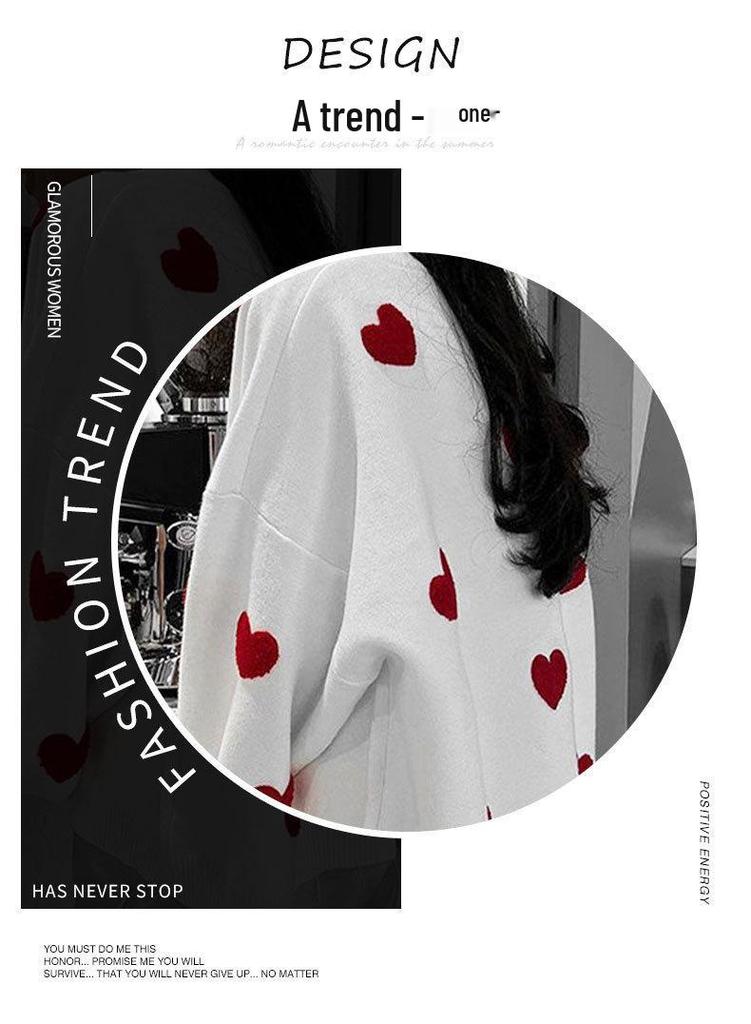 European Style Heart Embroidered Knit Pullover - Women's Round Neck, Long Sleeve, Loose Fit, Versatile Casual Top