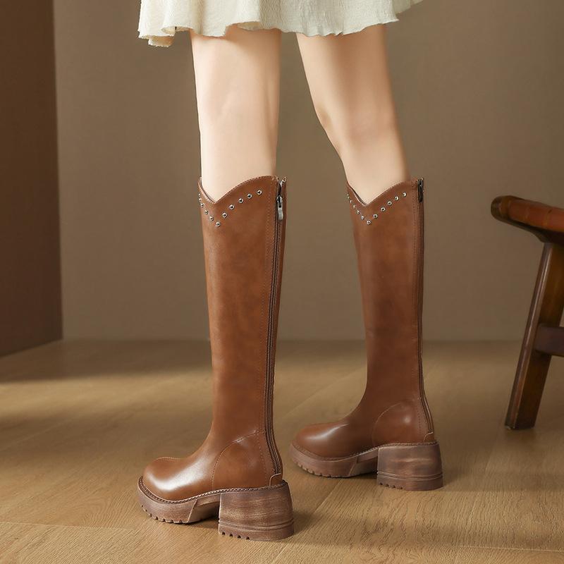 V-mouth Design Womens Boots High Quality Casual Leather Boots Fashion Thick Soled Knight Booties Outdoor Non Slip Platform Boots