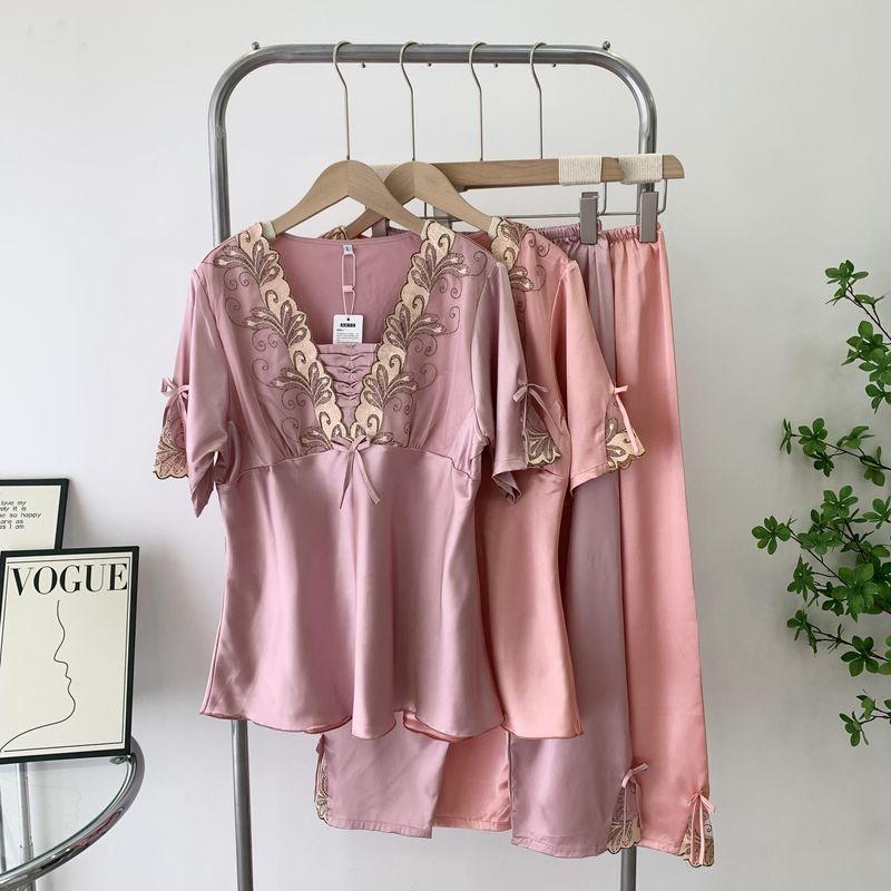 Special Pajama Summer Short Sleeve Trousers Lace Embroidery Nipple Coverage Silk Homewear Two-piece Set Suitable for Daily Wear Suit