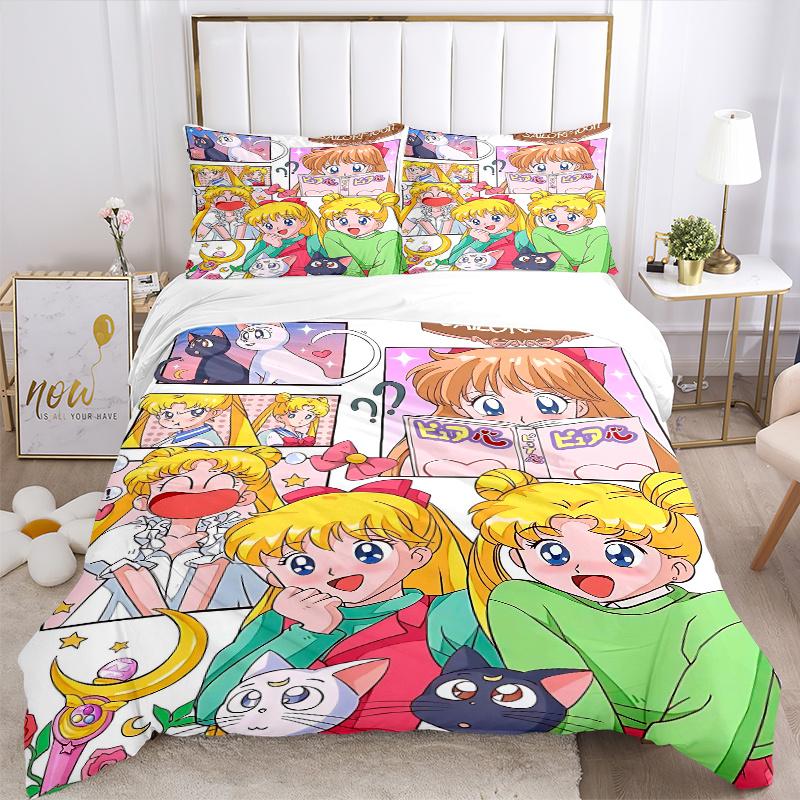 3pcs Day in the Life of Sailor Moon Printed Quilt Set - Includes 1 Quilt Cover and 2 Pillowcases, Machine Washable - Suitable for All Seasons.W02