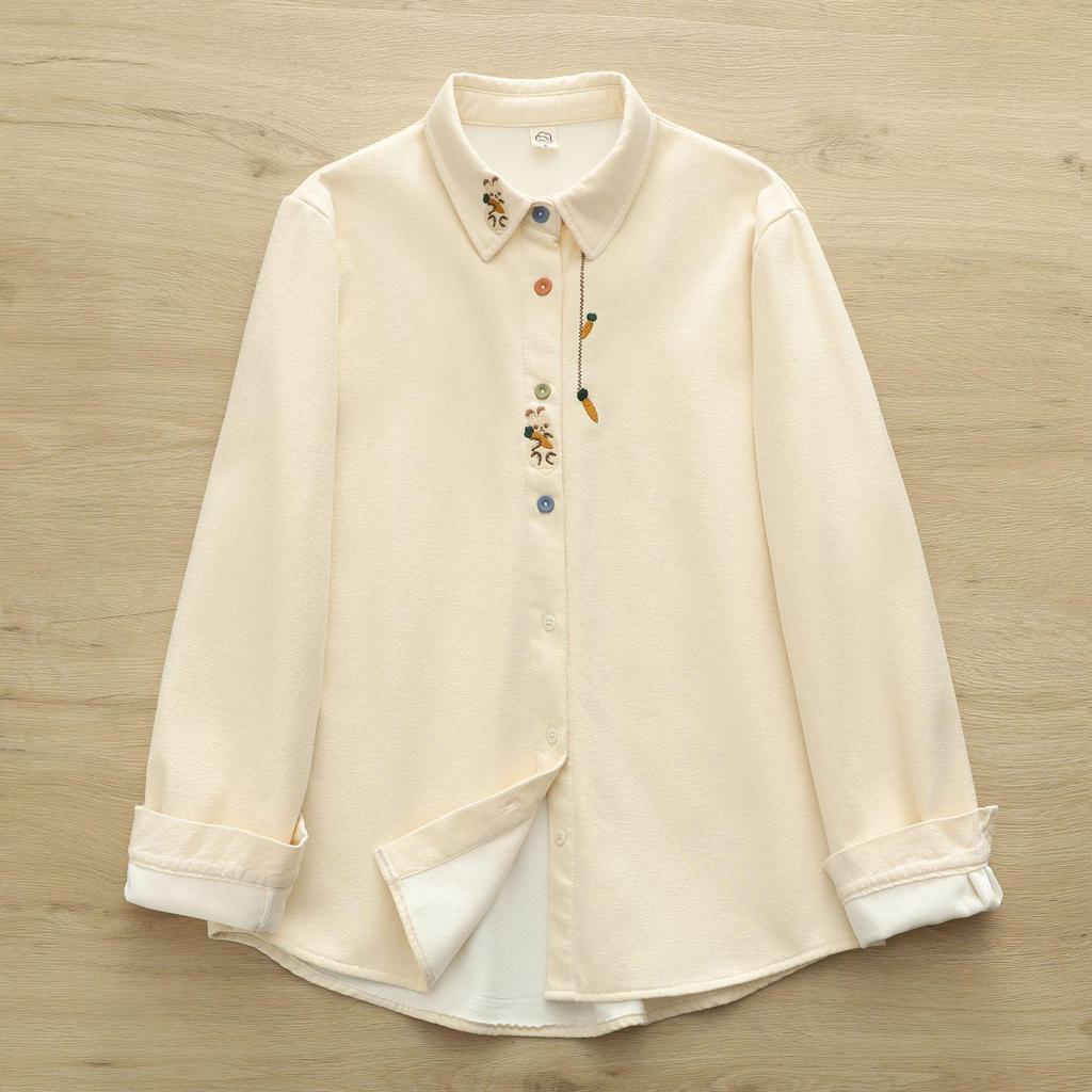 Women's Warm Autumn/Winter Velvet Shirt with Artistic Rabbit & Radish Embroidery