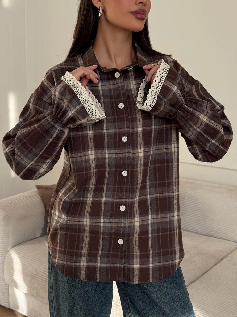 Casual Cotton Polyester Plaid Shacket With Long Sleeves For Spring Wear
