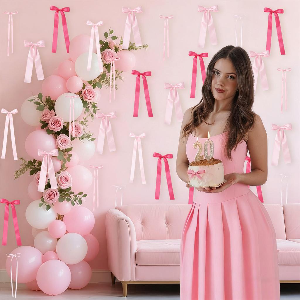 Pink Bow Wall Decor Happy Birthday Party Decorations Girls Favors Huge Pink Ribbon Bows Gifts Wedding Baby Shower Supplies