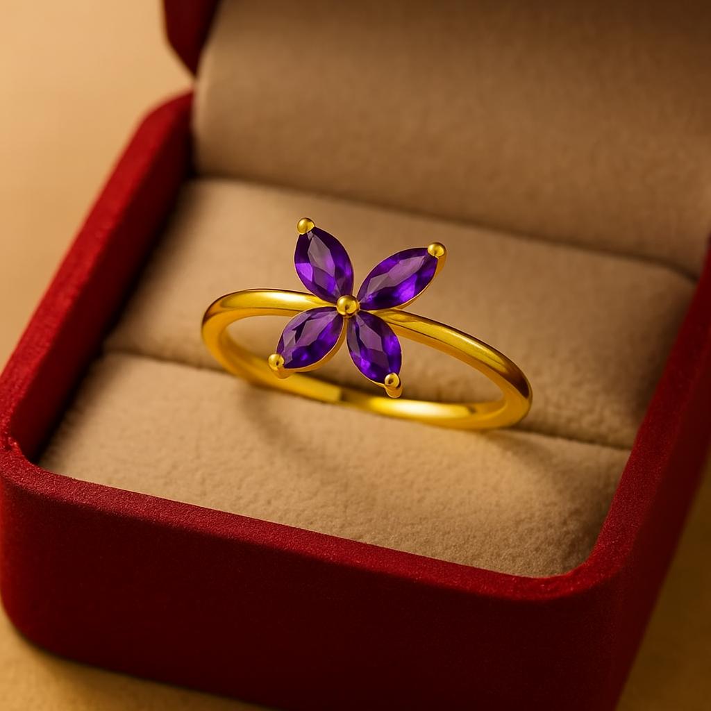 Purple Amethyst Flower Shape Gold Plated Ring for Women – Elegant Floral Jewelry
