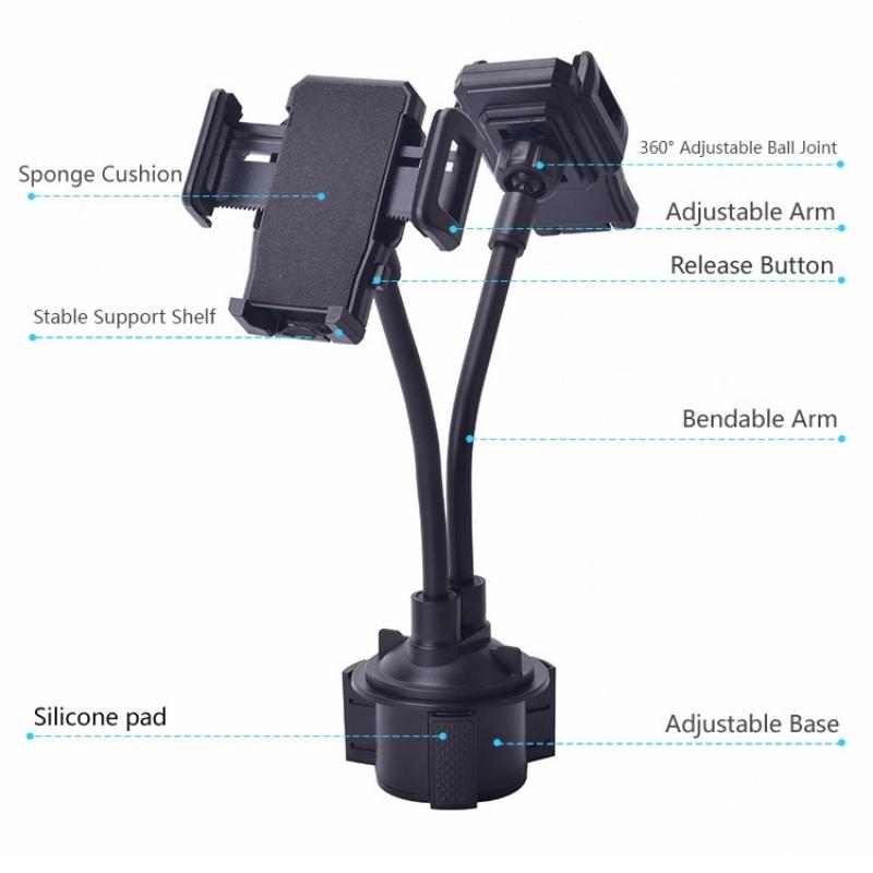 Dual Clamp Car Cup Phone Mount, Flexible Gooseneck 360°Rotatable Bracket Holds Two Smartphones, Universal Auto Cup Slot Stand
