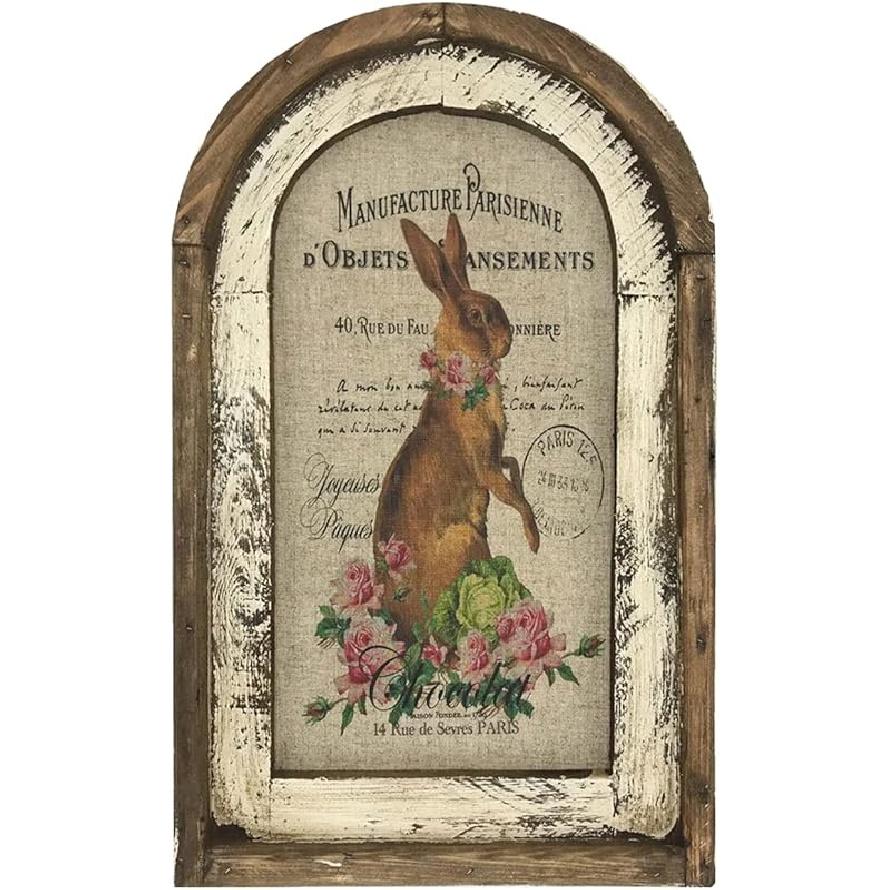 12 * 8 Inch Bunny Decor – French Country Rustic Farmhouse Rabbit Wall Art Poster, Vintage Wooden Wall Decor with Frame for Home & Easter Decoration
