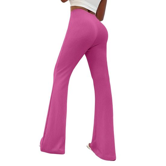 Women Flared Pants Elastic High Waist Solid Color Long Pants Ribbed Texture Yoga Running Cycling Trousers