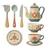 Soft Tone Kitchen Wall Stickers 7Pcs 2D Flat Wooden Decor, Retro Teapot Tableware Themed Vintage Pattern Art, Self?Adhesive Plaques for Dining Room