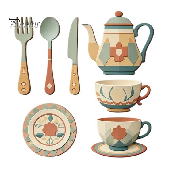 Soft Tone Kitchen Wall Stickers 7Pcs 2D Flat Wooden Decor, Retro Teapot Tableware Themed Vintage Pattern Art, Self?Adhesive Plaques for Dining Room