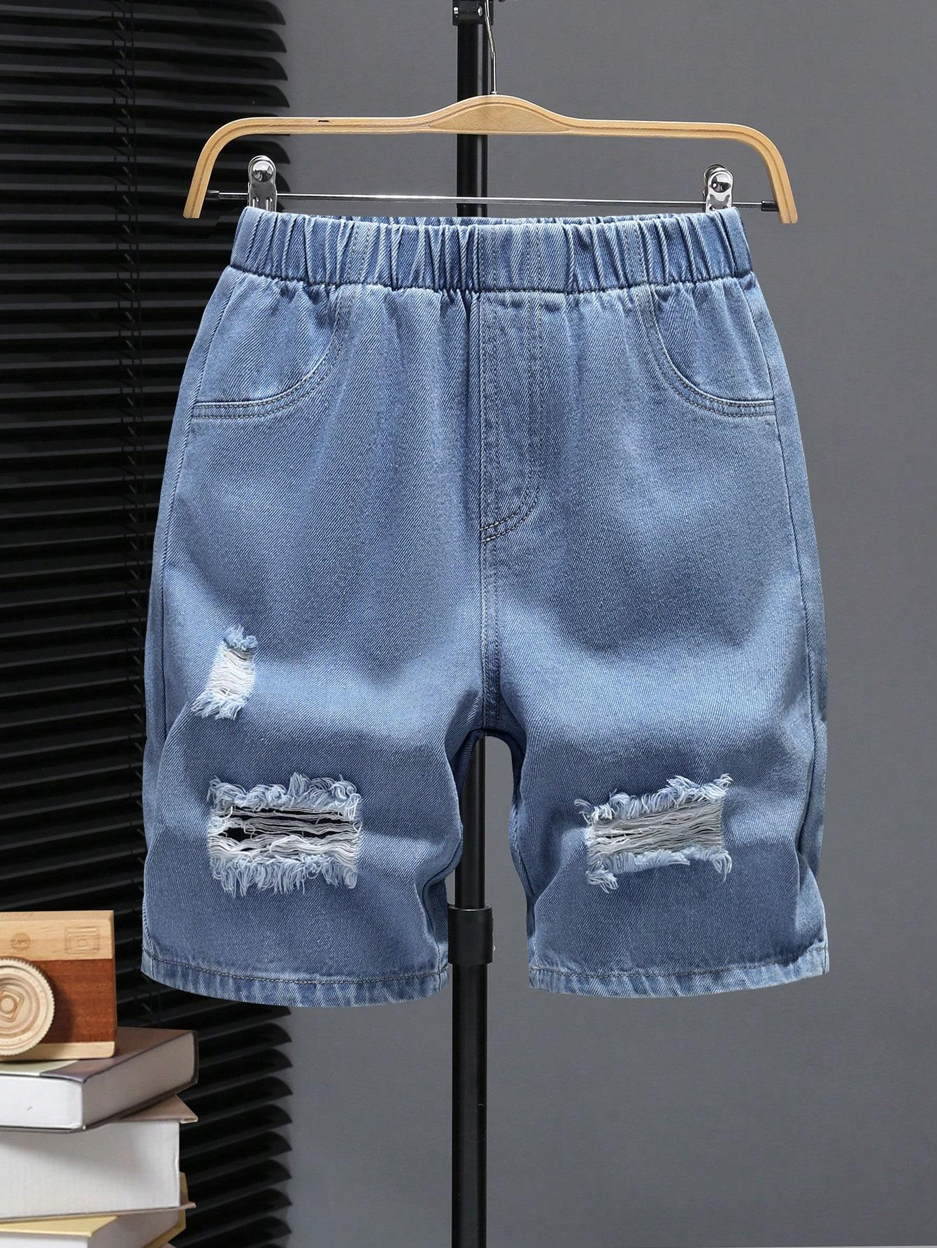 Loungewear pants, one-piece set for boys, trendy distressed classic washed blue denim shorts. 8Y