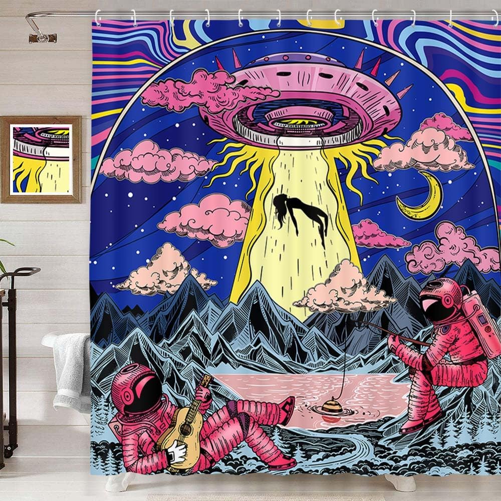UFO Shower Curtain for Bathroom, Unique Fun Alien Astronaut Galaxy Space Starry Sky Forest Fabric Shower Curtains Set, Mountain